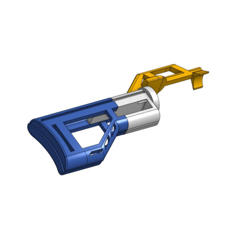 Drill Butstock Design: Blue, White, and Yellow Elements